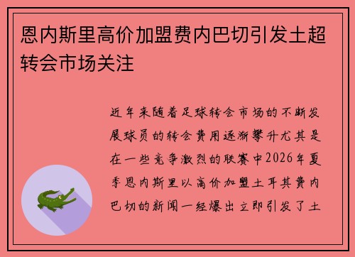 恩内斯里高价加盟费内巴切引发土超转会市场关注