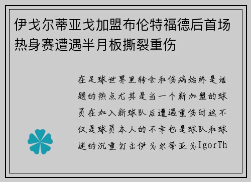 伊戈尔蒂亚戈加盟布伦特福德后首场热身赛遭遇半月板撕裂重伤